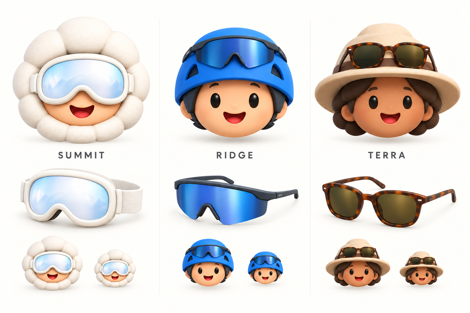 Character heads, separate eyewear closeups, and smaller head studies for Summit, Ridge, and Terra